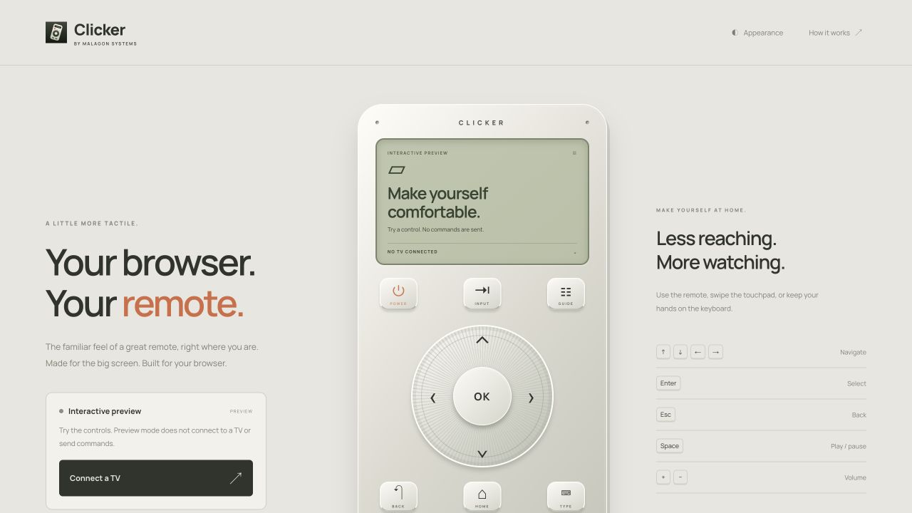 Clicker's browser remote, with its physical dial and TV controls