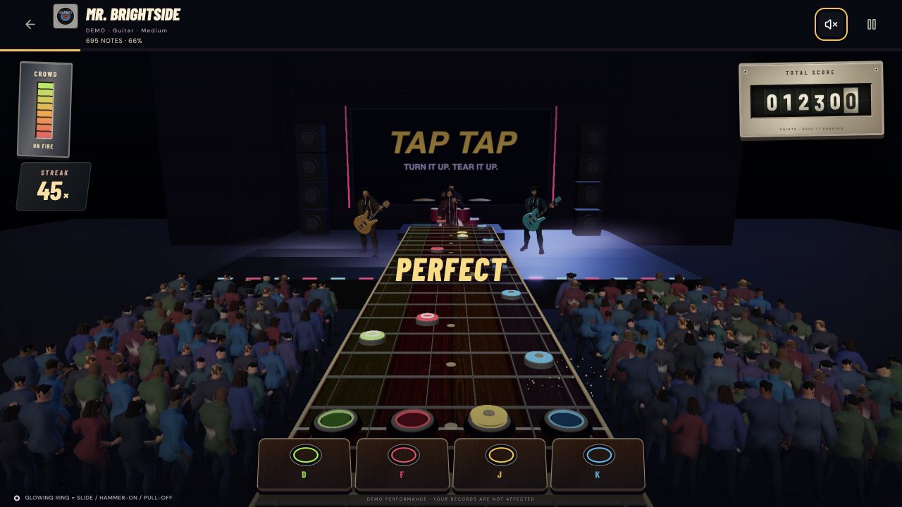 TapTap gameplay: a live band, crowd, and notes moving down the fretboard